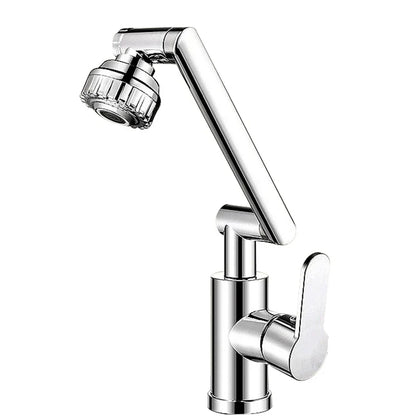 Chrome-finished DecorBites™ rotating dual-mode faucet with extendable spray head for kitchen and bathroom use