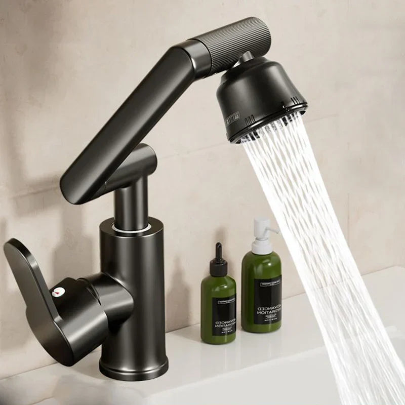 Black matte finish rotating dual-mode faucet with pull-out spray head for kitchen and bathroom use by DecorBites™