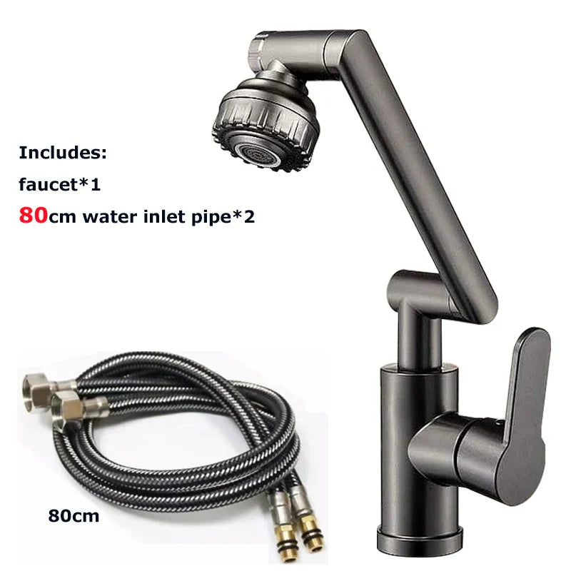 Black matte-finish rotating dual-mode faucet with flexible showerhead and braided hose for kitchen and bathroom use
