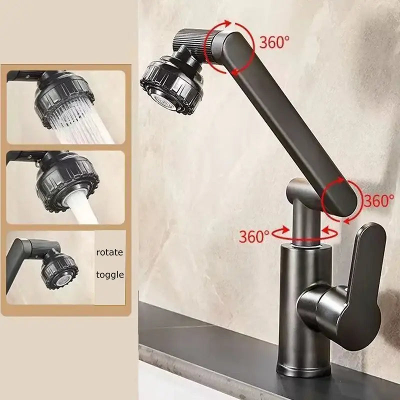 Black matte-finish rotating dual-mode faucet with 360-degree rotating spout and showerhead for kitchen and bathroom use