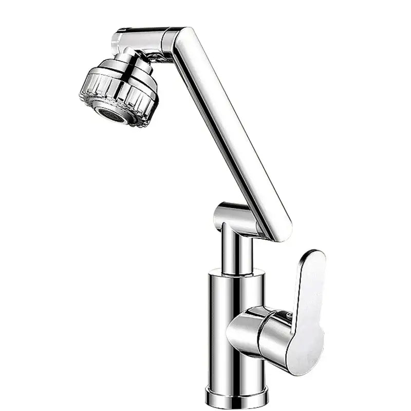 Chrome-finished DecorBites™ rotating dual-mode faucet with extendable spray head for kitchen and bathroom use