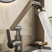 Modern matte black rotating dual-mode faucet with sleek articulated spout and adjustable showerhead for kitchen and bathroom