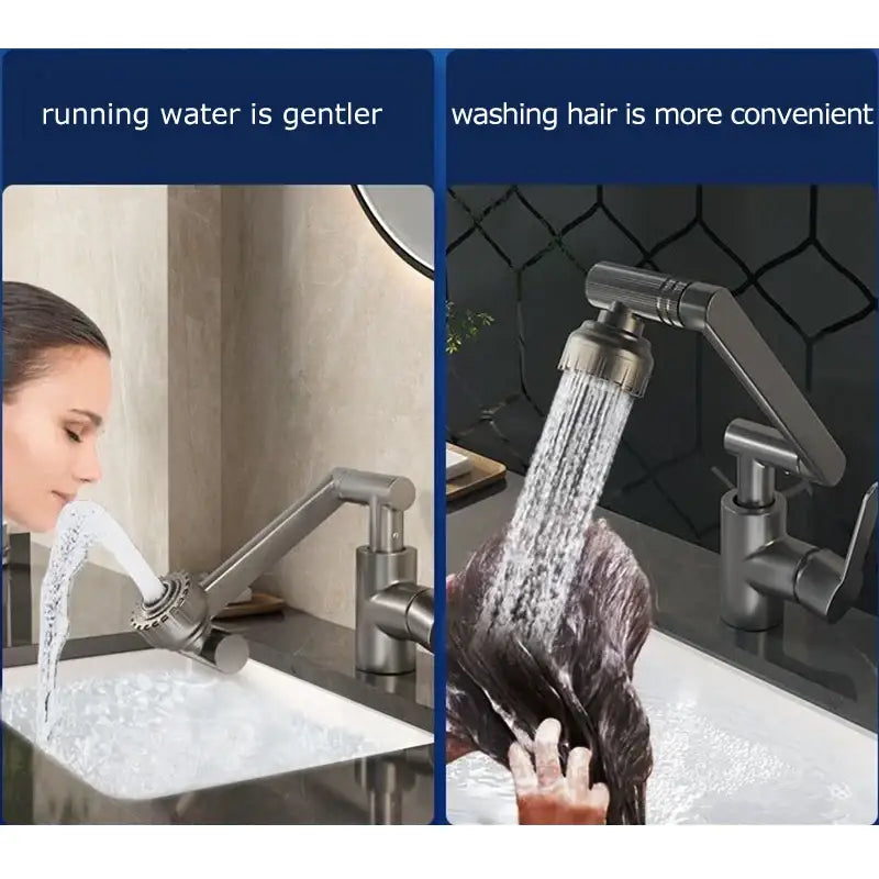 Modern matte black rotating dual-mode faucet with flexible extendable showerhead attachment for kitchen and bathroom use