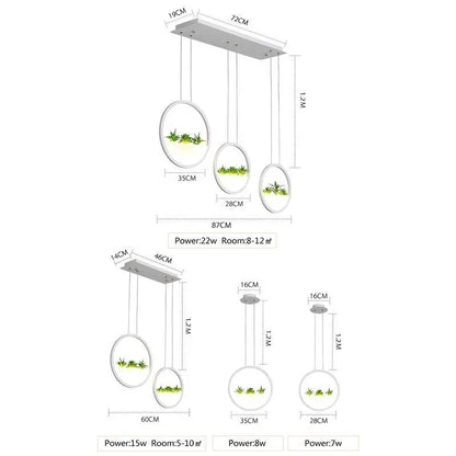 Decorbites™ modern minimalist planter led chandelier with three circular glass shades and green plants in white pots
