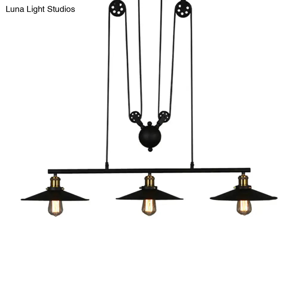 DecorBites rustic 3-head pendant light with black flared shade, brass accents, and exposed bulbs for dining room island