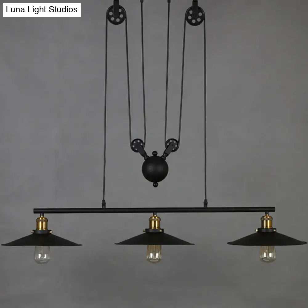 Decorbites rustic 3-head pendant light with black flared shade brass accents and exposed bulbs for dining room island