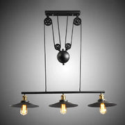 Industrial-style DecorBites™ rustic 3-head pendant light with black flared shade and pulley system for dining room island