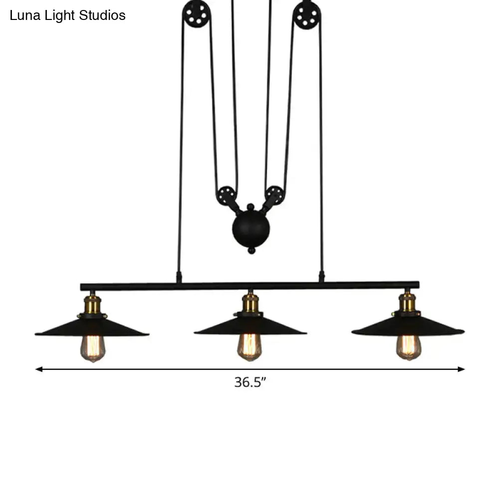 DecorBites rustic 3-head pendant light with black flared shade, exposed bulbs, and brass accents for dining room use