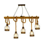 DecorBites™ rustic 5-head wood pendant light with metal cage bulbs and thick rope for e26 e27 led incandescent fluorescent bulbs