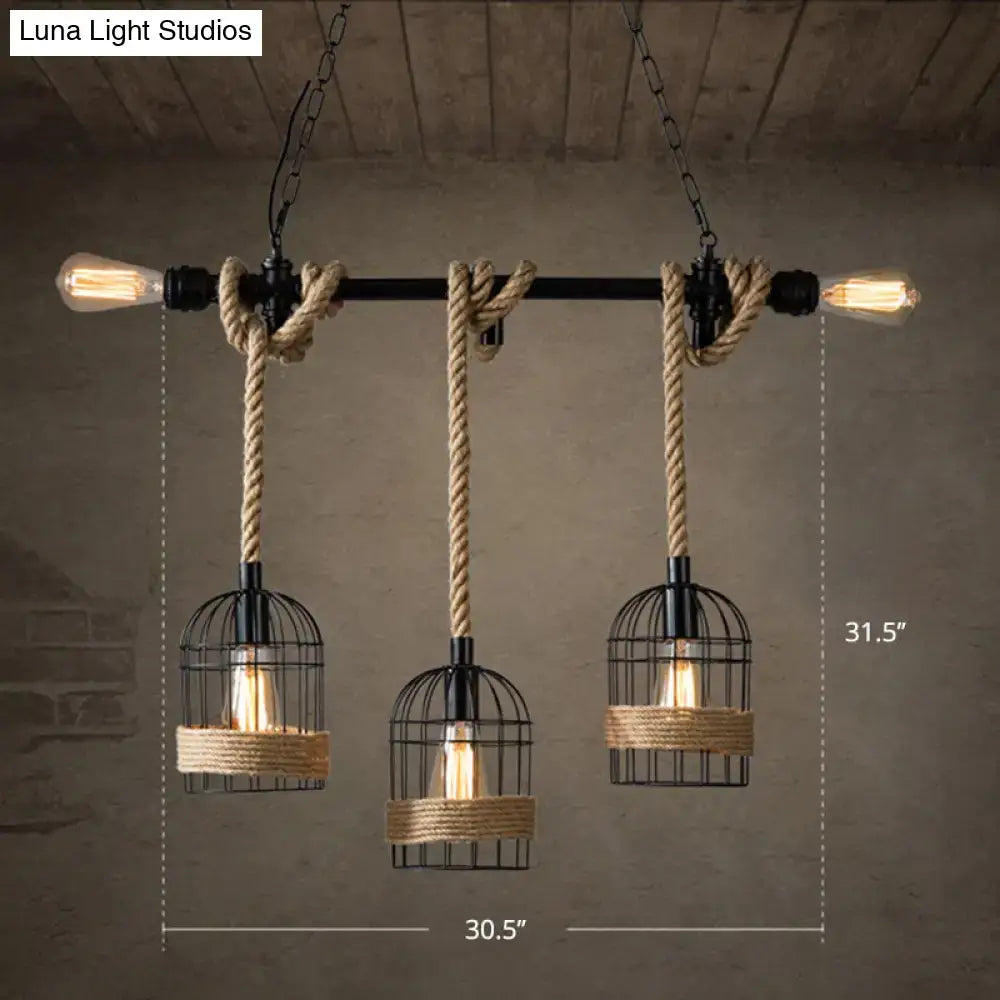 DecorBites rustic 5-light black birdcage island pendant with natural twine and edison bulbs for dining room 220v-240v 110v-120v