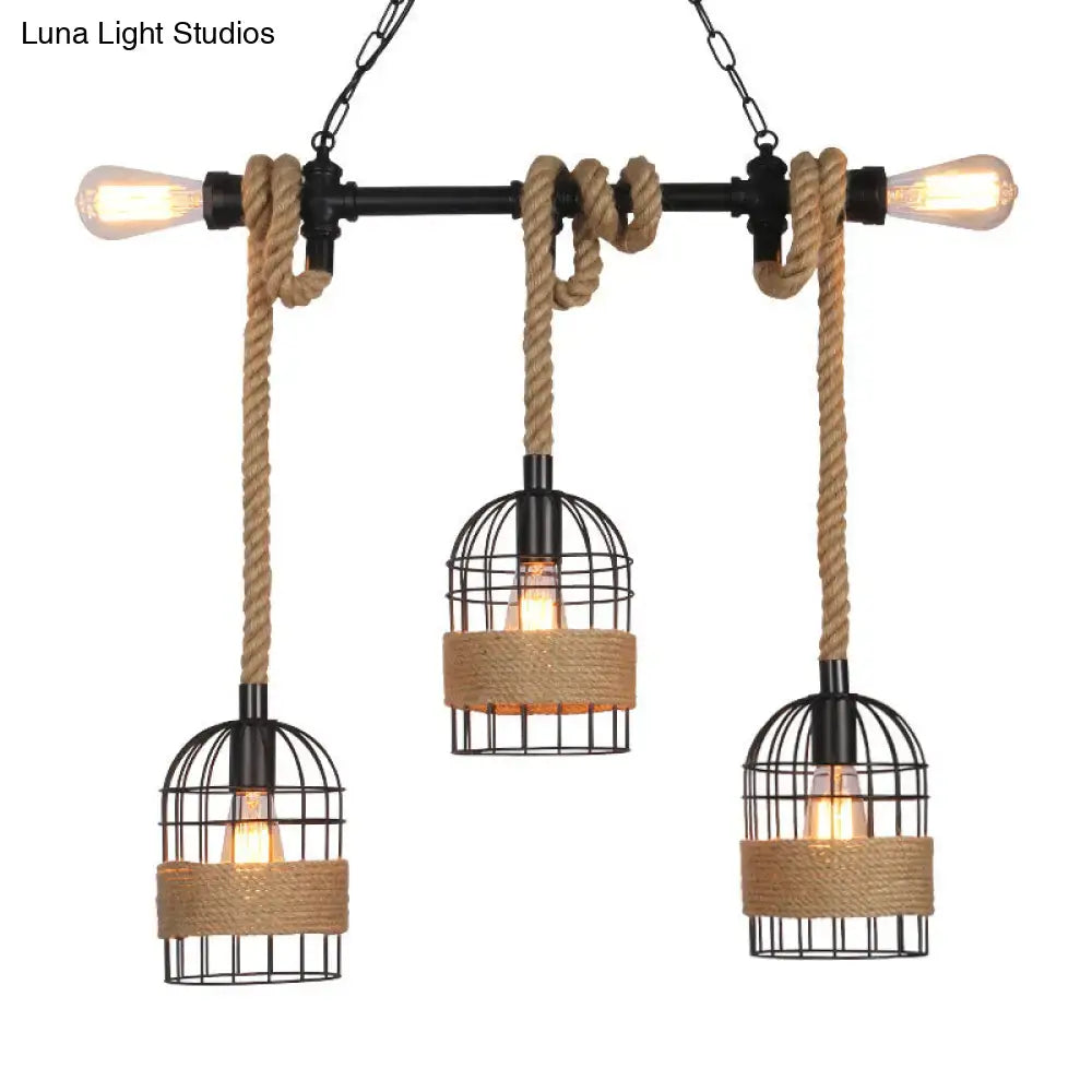 Decorbites™ rustic 5-light black metal birdcage island pendant with twine and rope for dining room 220v-240v 110v-120v