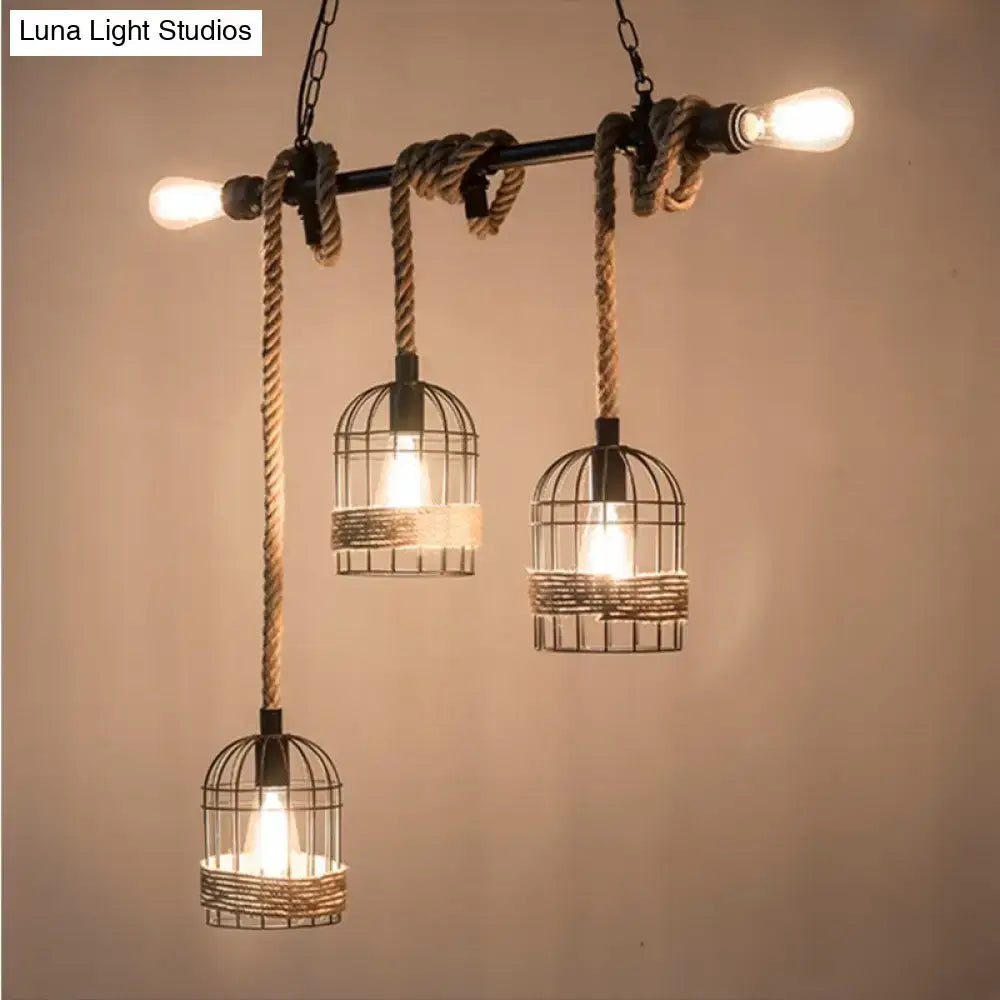 DecorBites rustic 5-light black birdcage pendant with natural rope for dining room and living room 220v-240v 110v-120v use
