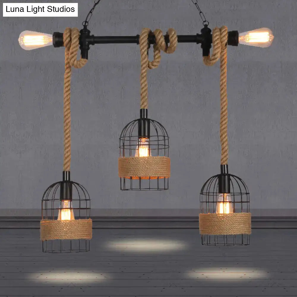 Industrial-style decorbites™ rustic 5-light black birdcage island pendant with rope accents for dining room and living room use 220v-240v 110v-120v