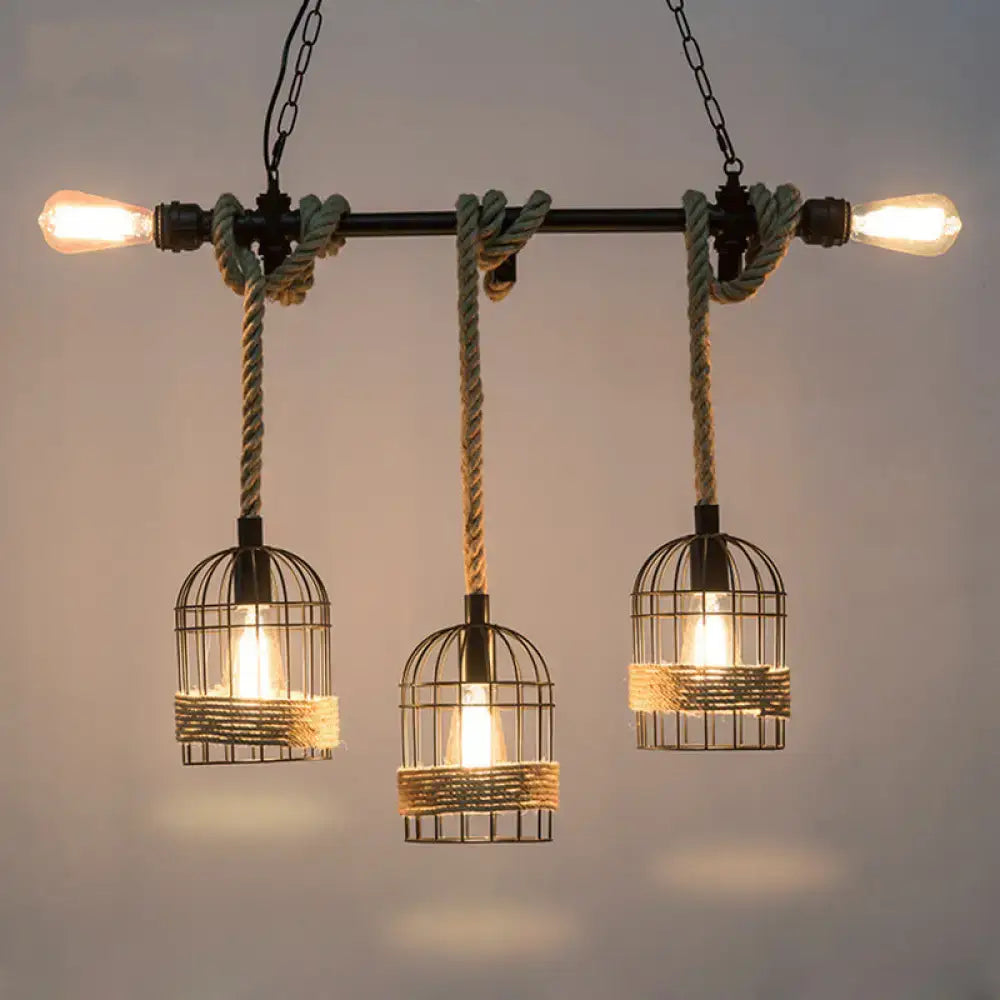 DecorBites rustic 5-light black birdcage island pendant with natural rope and woven twine for dining room 220v-240v 110v-120v