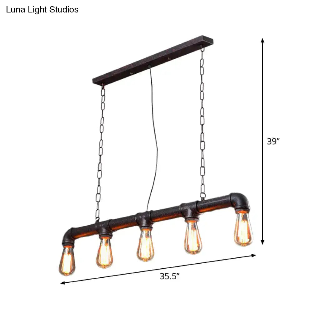 DecorBites™ rustic black iron plumbing pipe pendant light with four exposed Edison bulbs for table and island