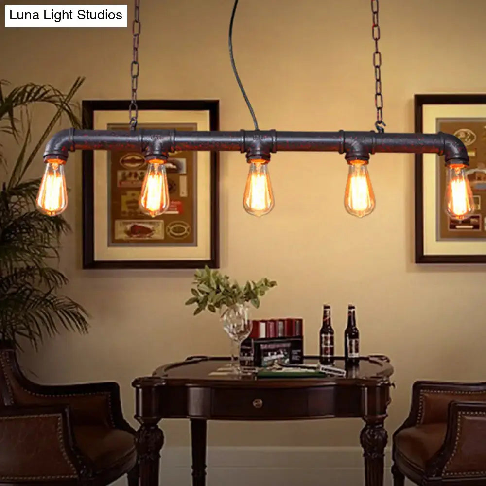 DecorBites™ rustic 5-light industrial iron plumbing pipe pendant with black finish and e26 e27 exposed edison bulbs