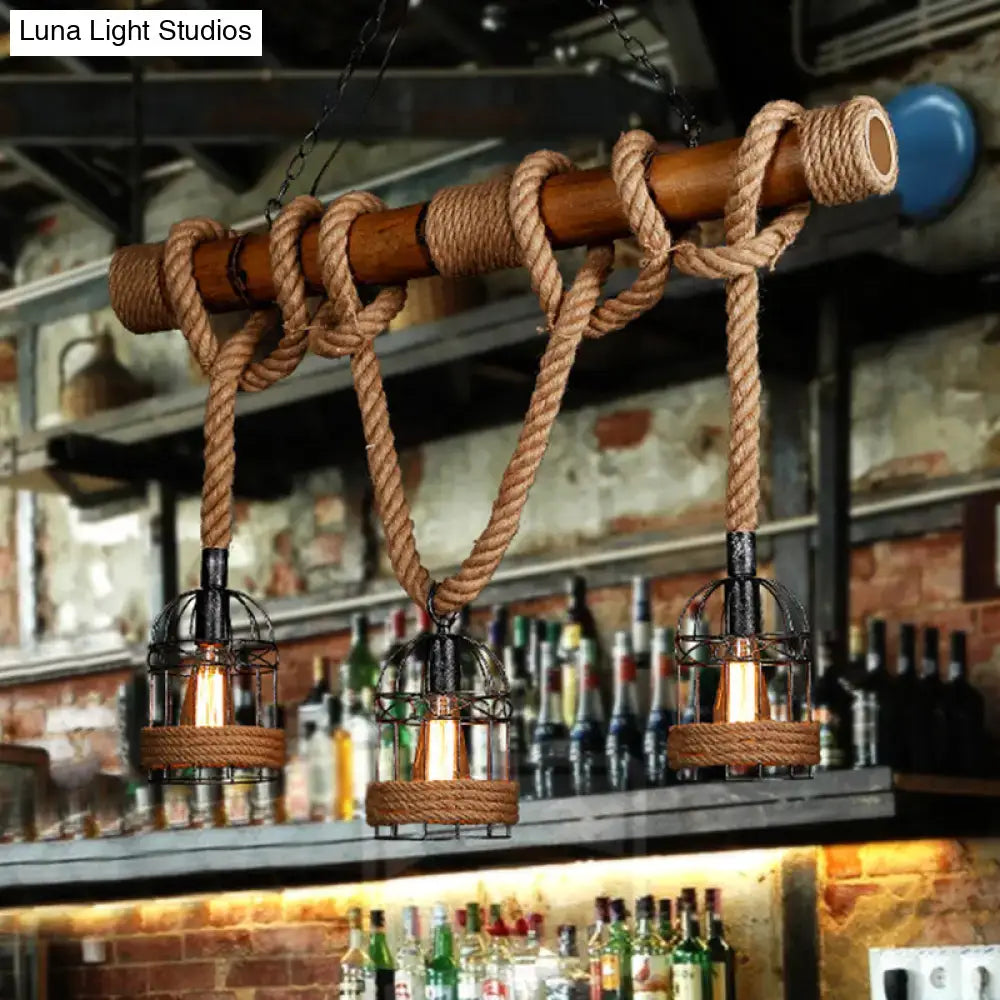 DecorBites™ rustic bamboo island lighting chandelier with beige wooden beam and three rope-wrapped cage bulbs for island lighting