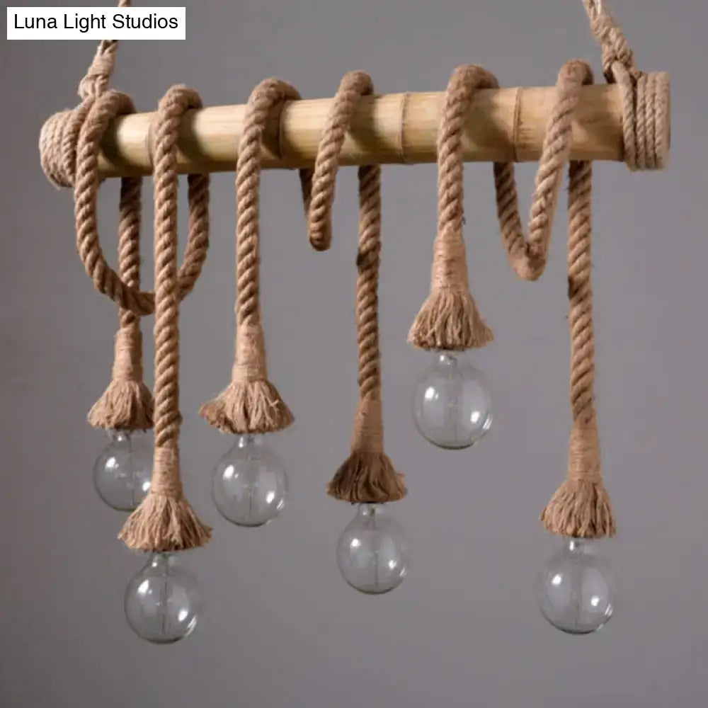 DecorBites™ rustic bamboo tube hanging ceiling light with rope wrap clear glass bulbs and frayed tassels ideal for restaurants