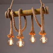 DecorBites™ rustic bamboo ceiling light with thick beige rope and four glowing exposed bulb filament lights