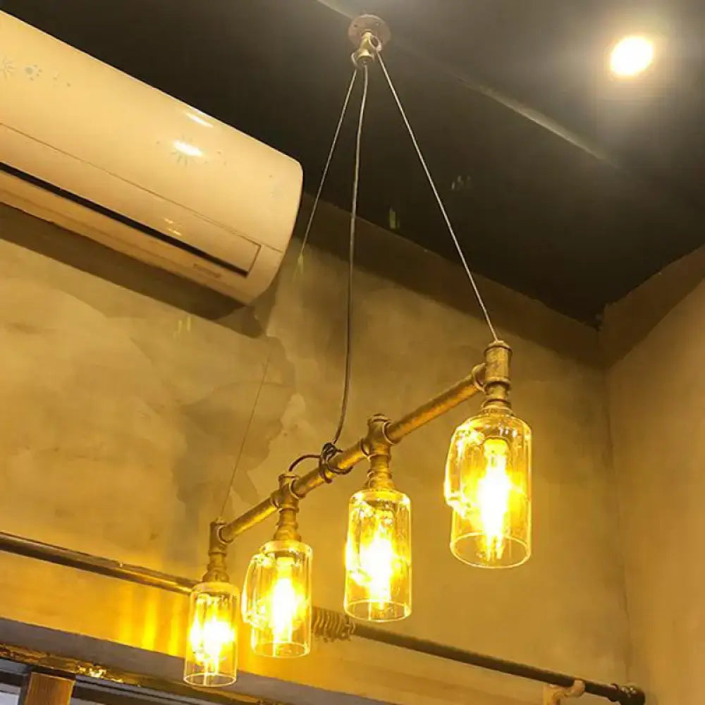 DecorBites Rustic bar ceiling pendant light with clear glass beer mug lampshades and brass-colored metal pipes