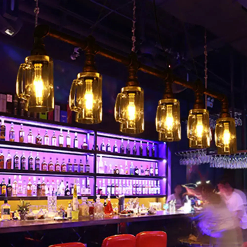 Decorbites rustic bar ceiling pendant light with amber clear glass beer mugs and bronze metal pipe design