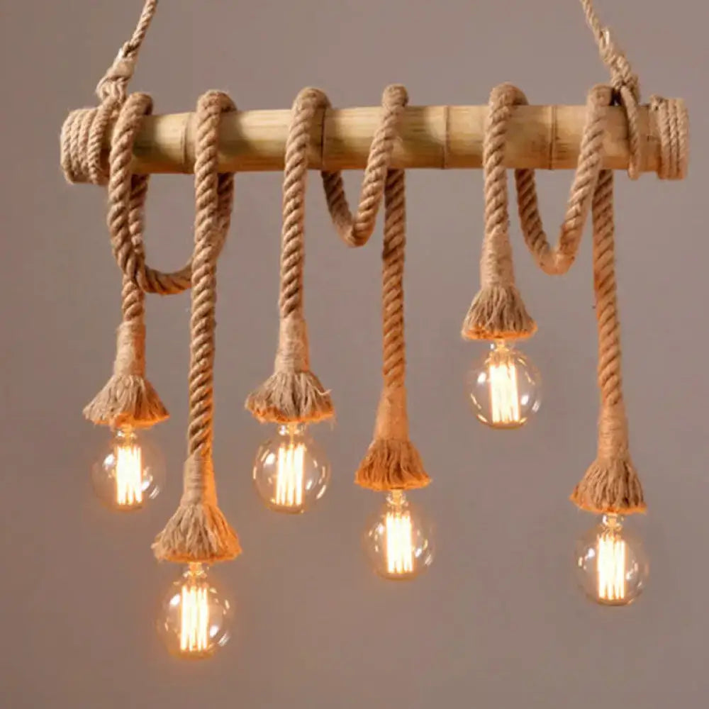 Decorbites™ rustic bare bulb pendant light with bamboo pole and rope suspension featuring warm filament bulbs