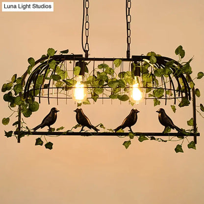 DecorBites rustic black wrought iron birdcage island pendant light fixture with faux green ivy and four bronze birds for restaurant décor
