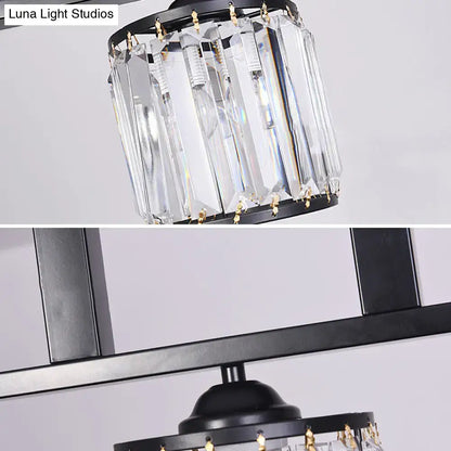 DecorBites™ rustic black cylindrical island pendant with 3 lights clear crystal prisms and gold-toned accents ideal for tables