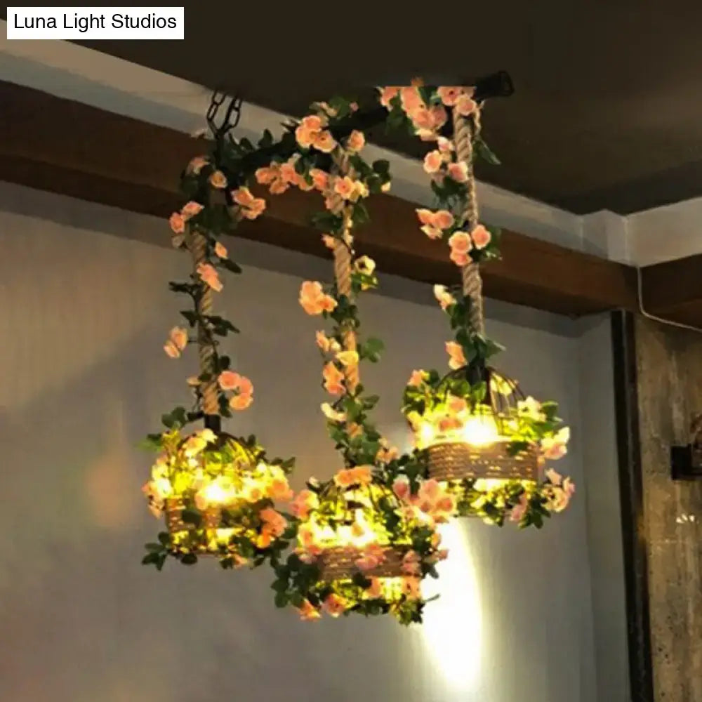 DecorBites™ rustic black metal island pendant light with three woven basket shades and floral vines for restaurants 110v-120v