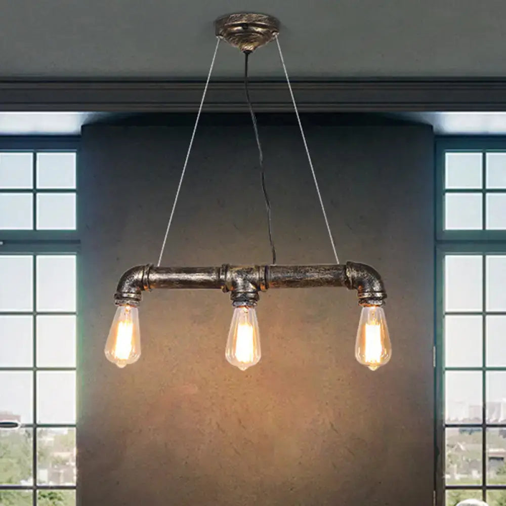 DecorBites™ rustic bronze island pendant light with dark plumbing pipe iron frame and three exposed Edison bulbs for living room ceiling light