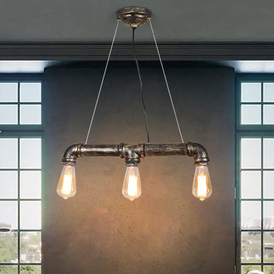 DecorBites™ rustic bronze island pendant light with dark plumbing pipe iron frame and three exposed Edison bulbs for living room ceiling light