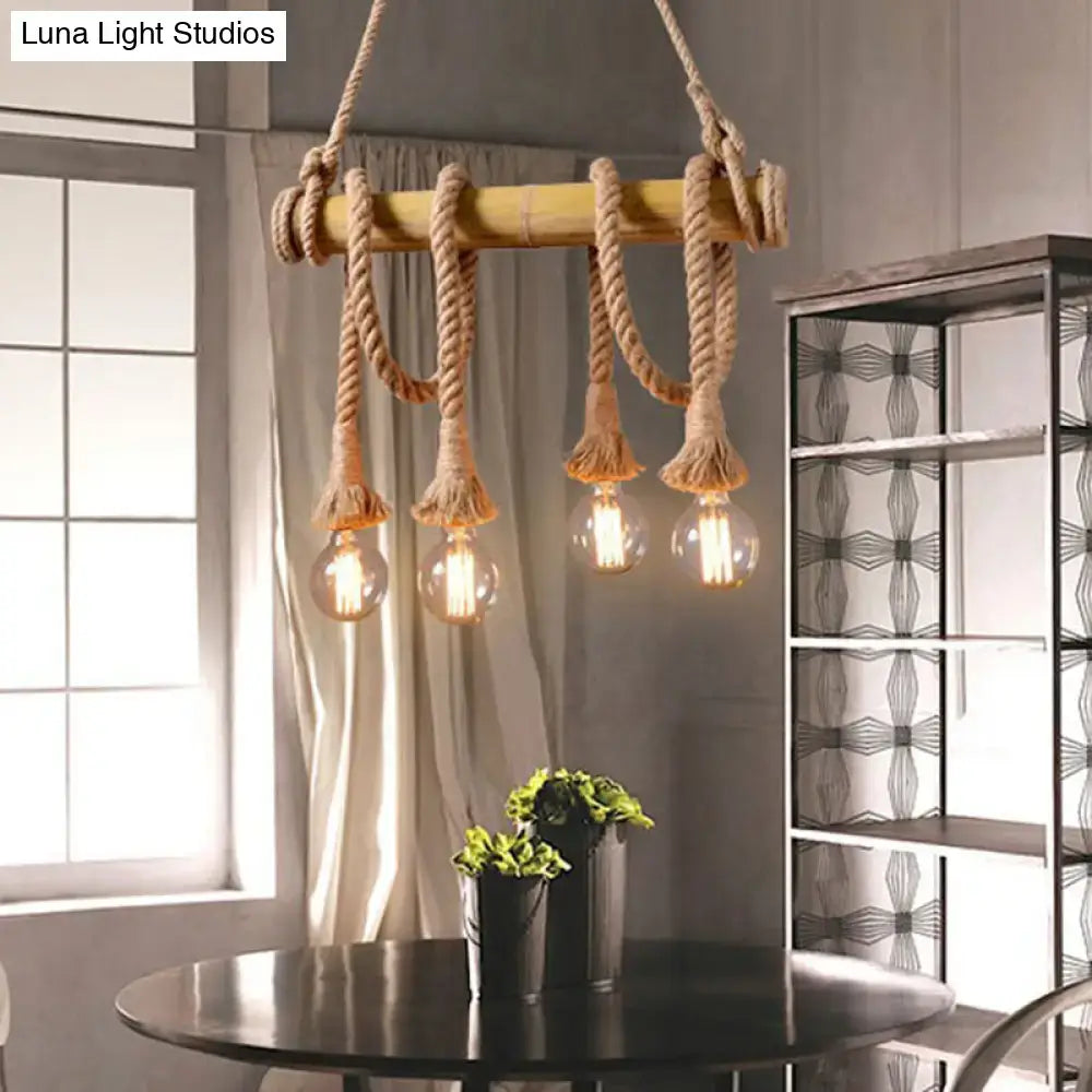 Decorbites™ rustic brown island pendant light featuring a bamboo pole and thick natural rope suspension with clear bulbs
