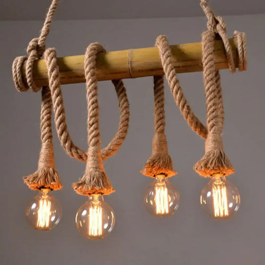 DecorBites™ rustic brown island pendant light with bamboo pole and beige rope suspending four edison bulbs