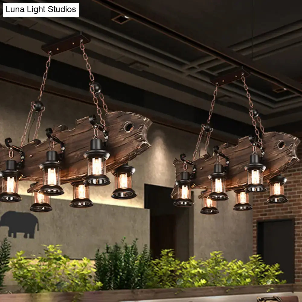 DecorBites rustic fish shaped wood hanging lamp with 6 heads, brown wood and black metal, e26 e27 fixture height and width