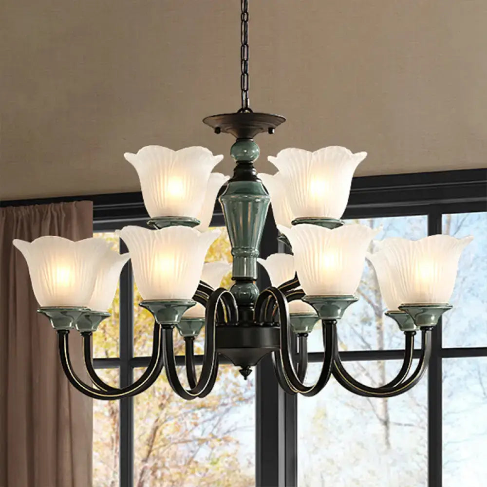 Antique bronze DecorBites rustic floral chandelier with blackish green suspension and eight frosted glass tulip shades