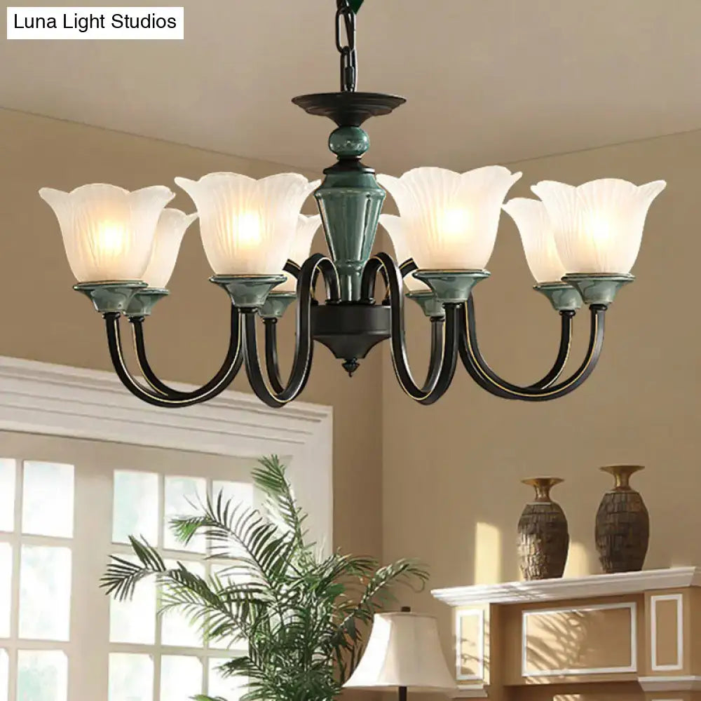 DecorBites rustic floral chandelier with blackish green suspension and frosted glass flower-shaped shades in bronze finish