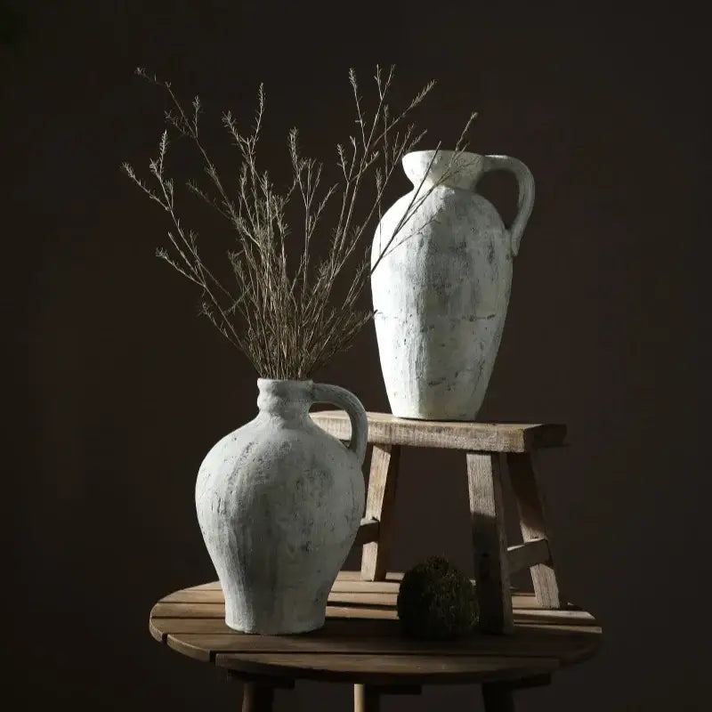 White ceramic jug with handle and rustic handmade ceramic coarse pottery texture from decorbites ceramic vase collection