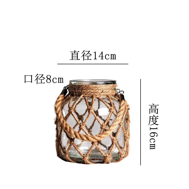 DecorBites rustic hanging glass vase with clear glass jar, woven natural twine lattice, metallic rim, and hemp rope