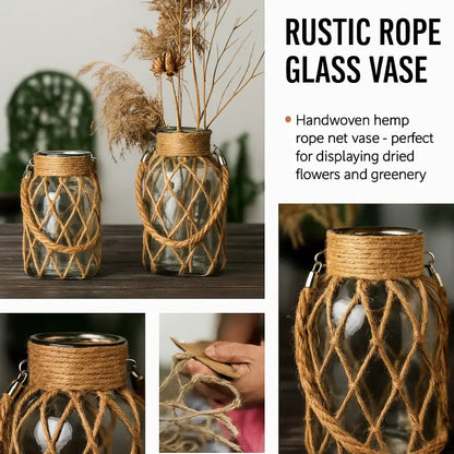 Decorbites rustic hanging glass vase with clear jar encased in natural-colored handwoven hemp rope net with metal clasps