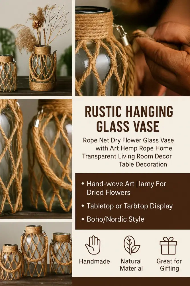 DecorBites™ rustic hanging glass vase featuring woven natural hemp rope netting design for hanging glass display