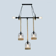 Decorbites rustic iron birdcage suspended lighting fixture with three black metal and beige rope lights for dining room ceiling