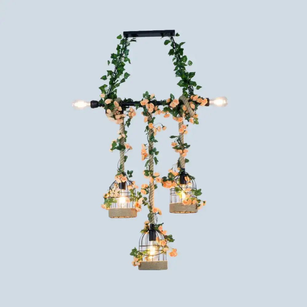 DecorBites™ rustic iron birdcage island suspended lighting fixture with green vines for dining room ceiling light
