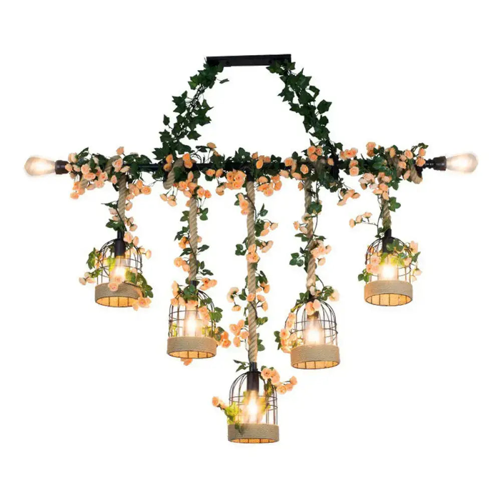 DecorBites™ rustic iron birdcage suspended lighting fixture with five peach flower-adorned cages for dining room ceiling light