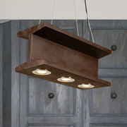 DecorBites™ rustic iron industrial H-beam pendant light with three e26 e27 recessed bulbs and brown metal finish