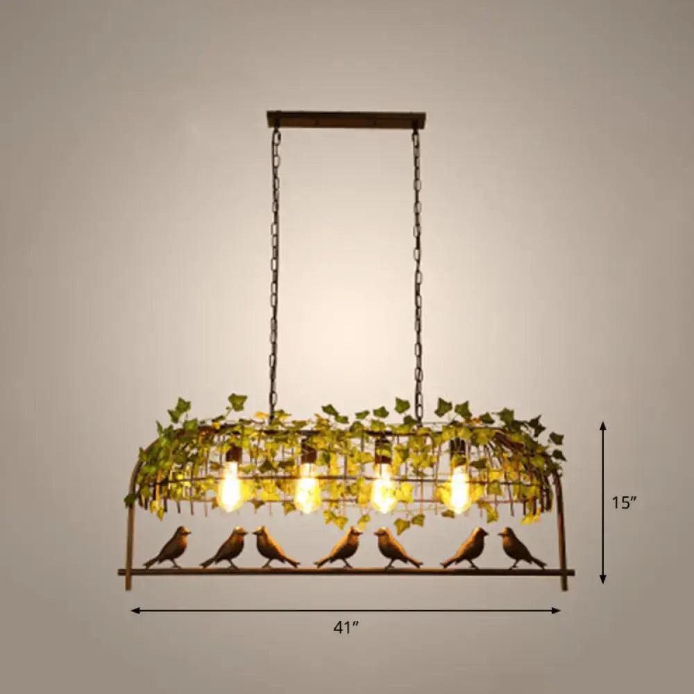 DecorBites™ rustic island ceiling light featuring a bronze birdcage fixture with ivy vines and industrial style bulbs
