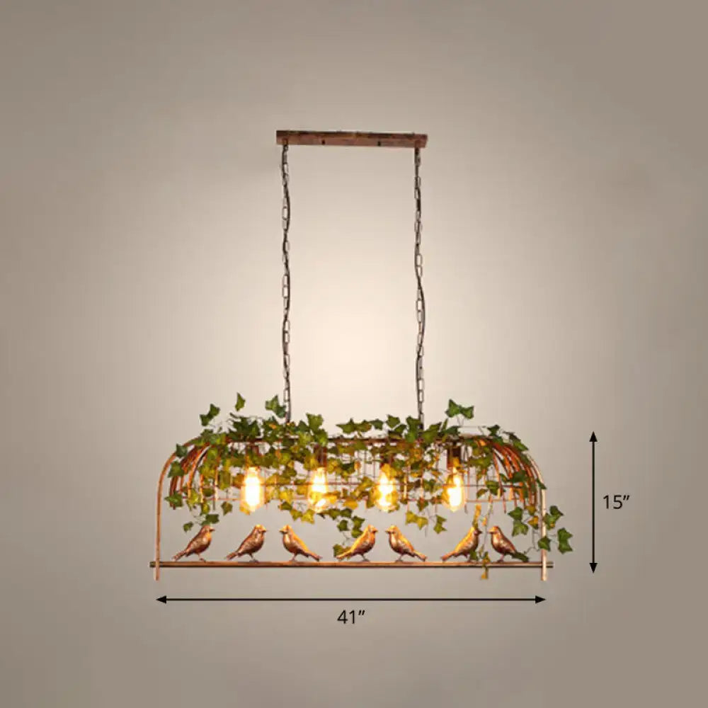 Decorbites rustic island ceiling light copper industrial style fixture with wire cage, warm bulbs, green ivy, and bird decor