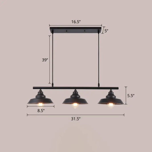 Black industrial-style three-light pendant ceiling light with matte dark coffee metal shades and rectangular mounting bar 220v-240v 110v-120v