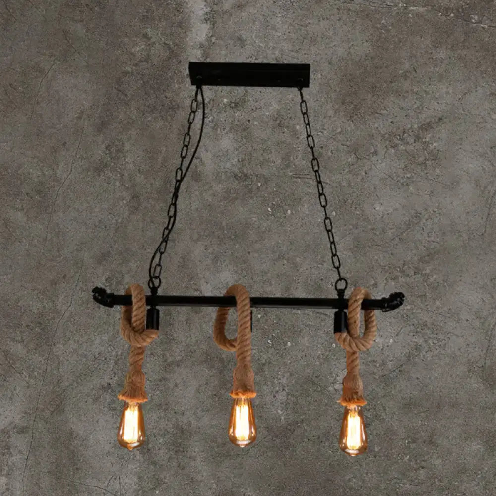 DecorBites™ rustic black metal water pipe hanging lamp with three edison bulbs and hemp rope chandelier light