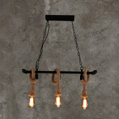 DecorBites™ rustic black metal water pipe hanging lamp with three edison bulbs and hemp rope chandelier light