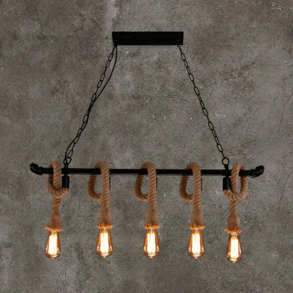 DecorBites™ rustic industrial black metal chandelier light with five edison bulbs and hemp rope hanging lamp